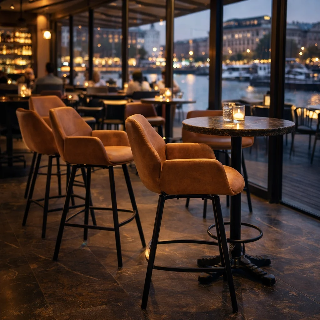 Horeca-Metalen-Bar-Armstoel-PERLA-camel-Kunstleer