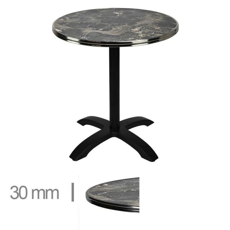 Horeca-Terrastafel-Opklapbaar-Rond-Met-Chroom-Rand-Werzalit-Brownie-Marble-60-Cm