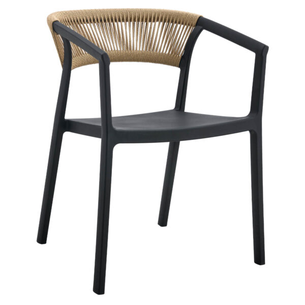 Terrasstoel-CECILE-Armleuning-Stapelbaar-Zwart-Naturel-Kunststof-Touw