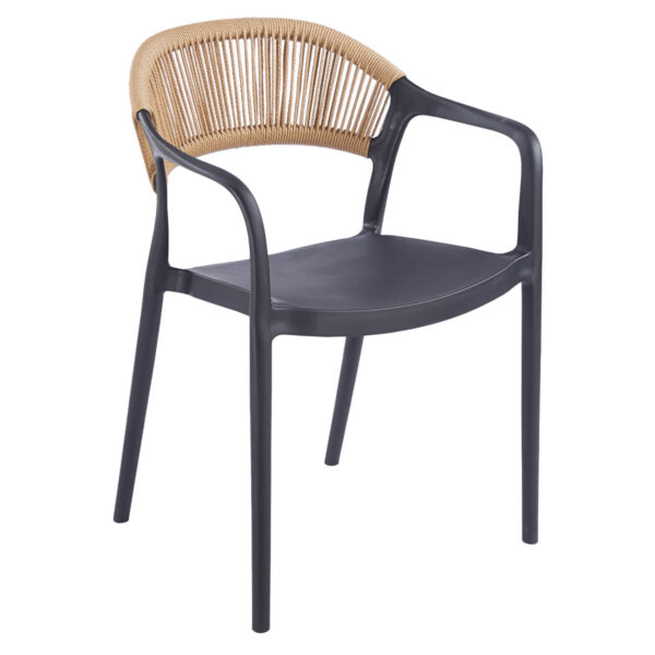 Terrasstoel-SIRENE-Armleuning-Stapelbaar-Zwart-Naturel-Kunststof-Touw
