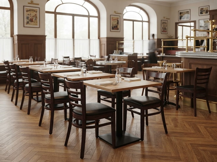 Mobilier de restaurant CHR : chaises et tables dans une salle professionnelle
