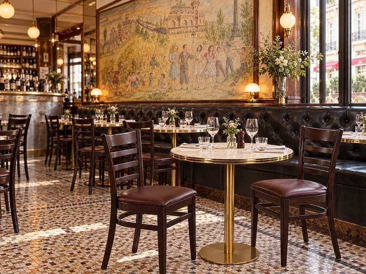 Chaises bistrot CHR en hêtre dans une brasserie parisienne