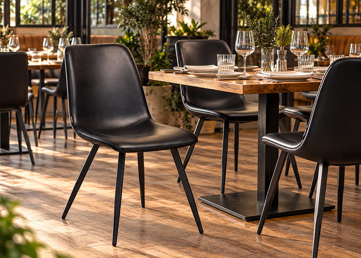 Chaise industrielle en métal et assise cognac dans une salle de restaurant