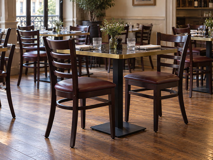 Chaises de restaurant CHR en hêtre et similicuir dans une salle dressée