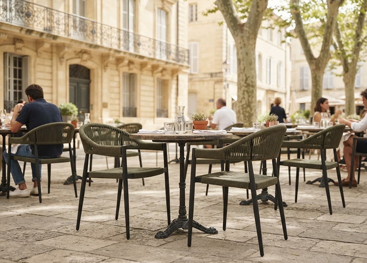 Chaises de terrasse en rotin synthétique vert autour de tables sur une terrasse de restaurant