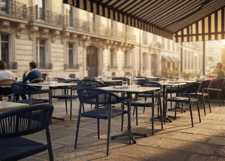 Mobilier terrasse CHR avec chaises en rotin synthétique et tables de terrasse devant une brasserie