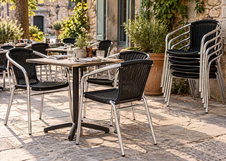 Chaises de terrasse empilables rangées à côté de tables de terrasse sur une terrasse de restaurant