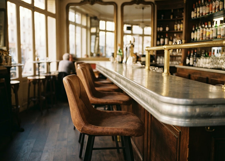 Tabourets de bar CHR en métal noir et microfibre cognac alignés devant un comptoir de café