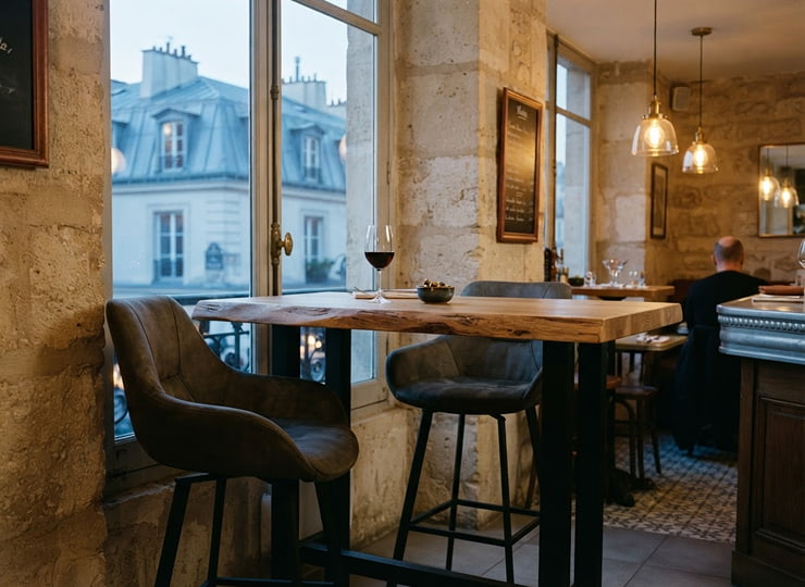 Tabourets de bar CHR en métal et velours autour d'une table haute dans une brasserie
